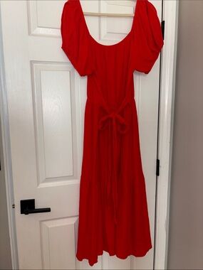 Arula | Red Puff-Sleeve Maxi Dress with Waist Tie - X